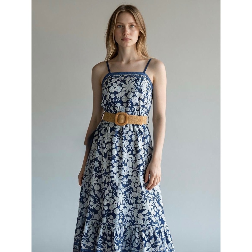 Taylor Dress Womens 10 Floral Belted Blue White Cotton Maxi Sleeveless Boho New